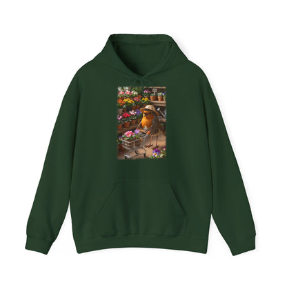 Lustiger Rotkehlchen Hoodie mit Blumen-Einkaufswagen | Süßer Vogel Kapuzenpullover für Pflanzenfans