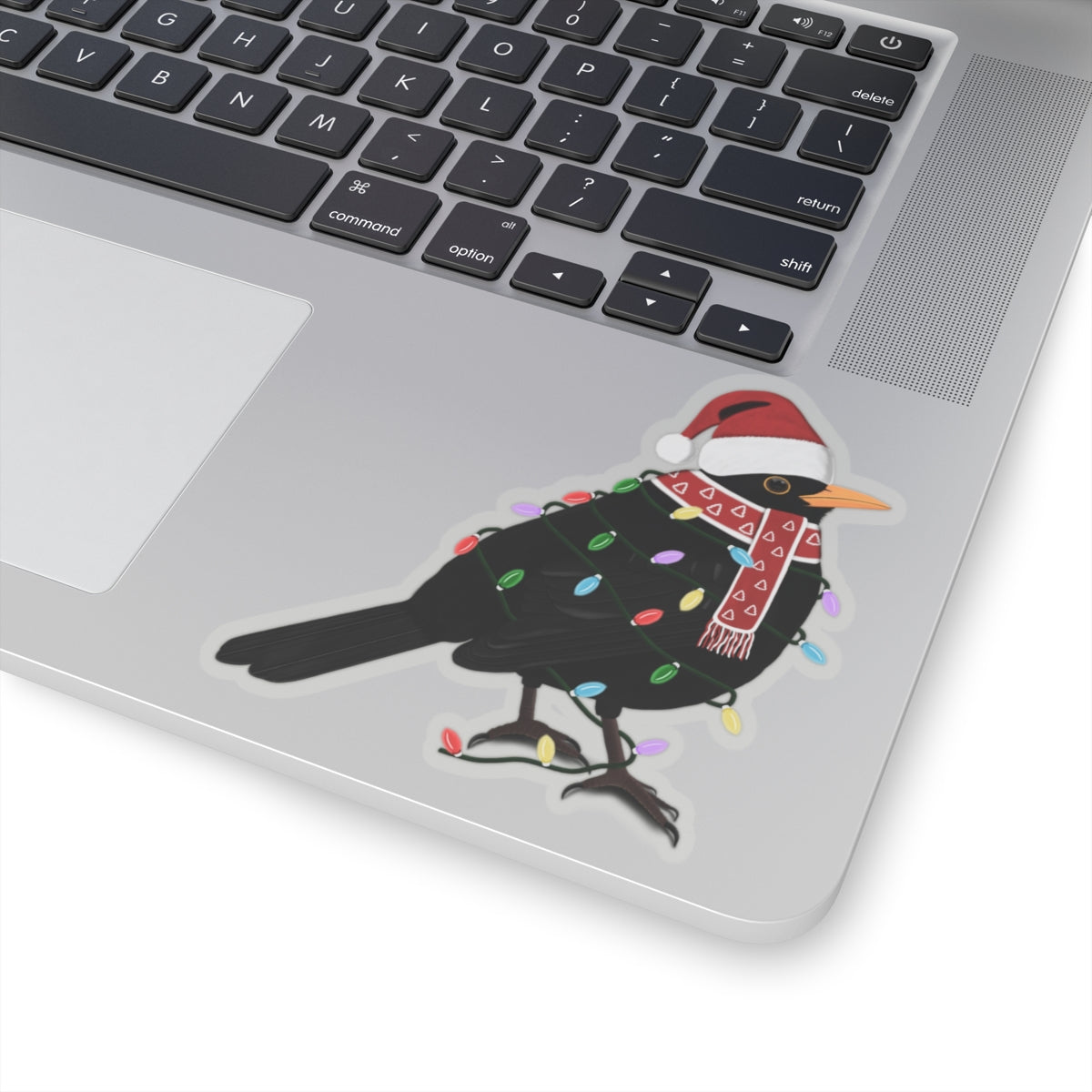 Blackbird with Fairy Lights Santa Claus Hat and Scarf Christmas Bird Sticker