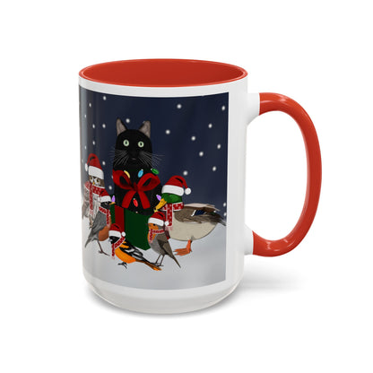 Robin Oriole Mallard Owl and Cat with Christmas Hat and Scarf Snow Bird Coffee Mug