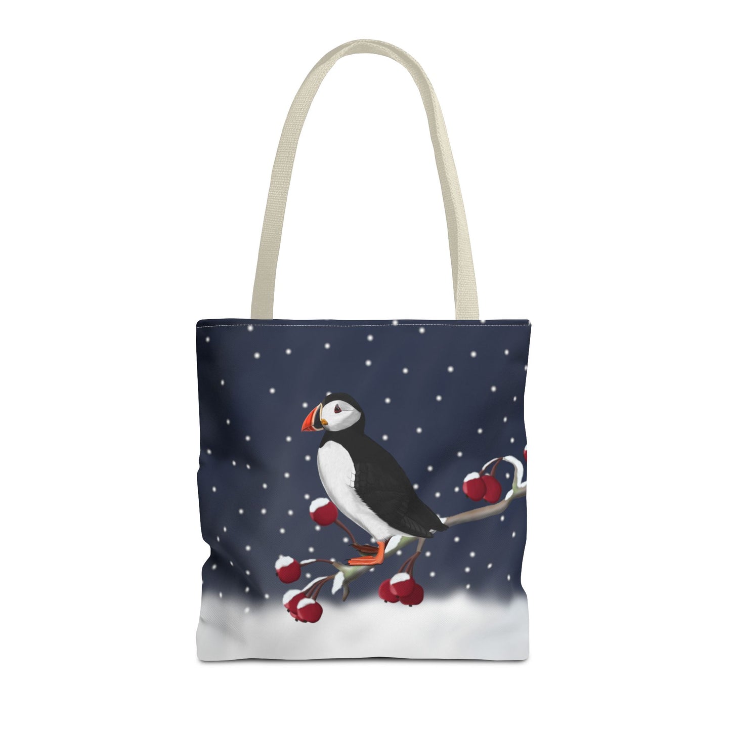 Puffin on a Winter Branch Christmas Bird Tote Bag 16"x16"