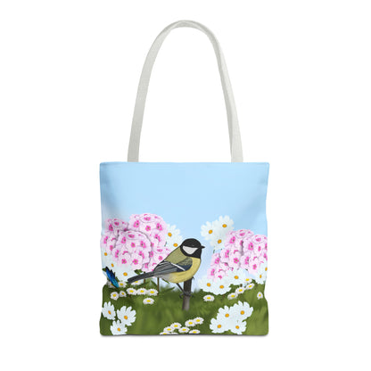 Chickadee in Summer Flowers Bird Tote Bag 16"x16"