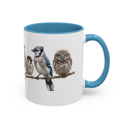 Blue Jay Cardinal Bluebird Little Owl Fledglings Two-Tone Mug | Spring Bird Lover Gift