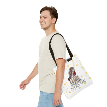 Cute Owl & Books Teacher Tote Bag – Teaching is a Hoot – Gold Polka Dot Aesthetic