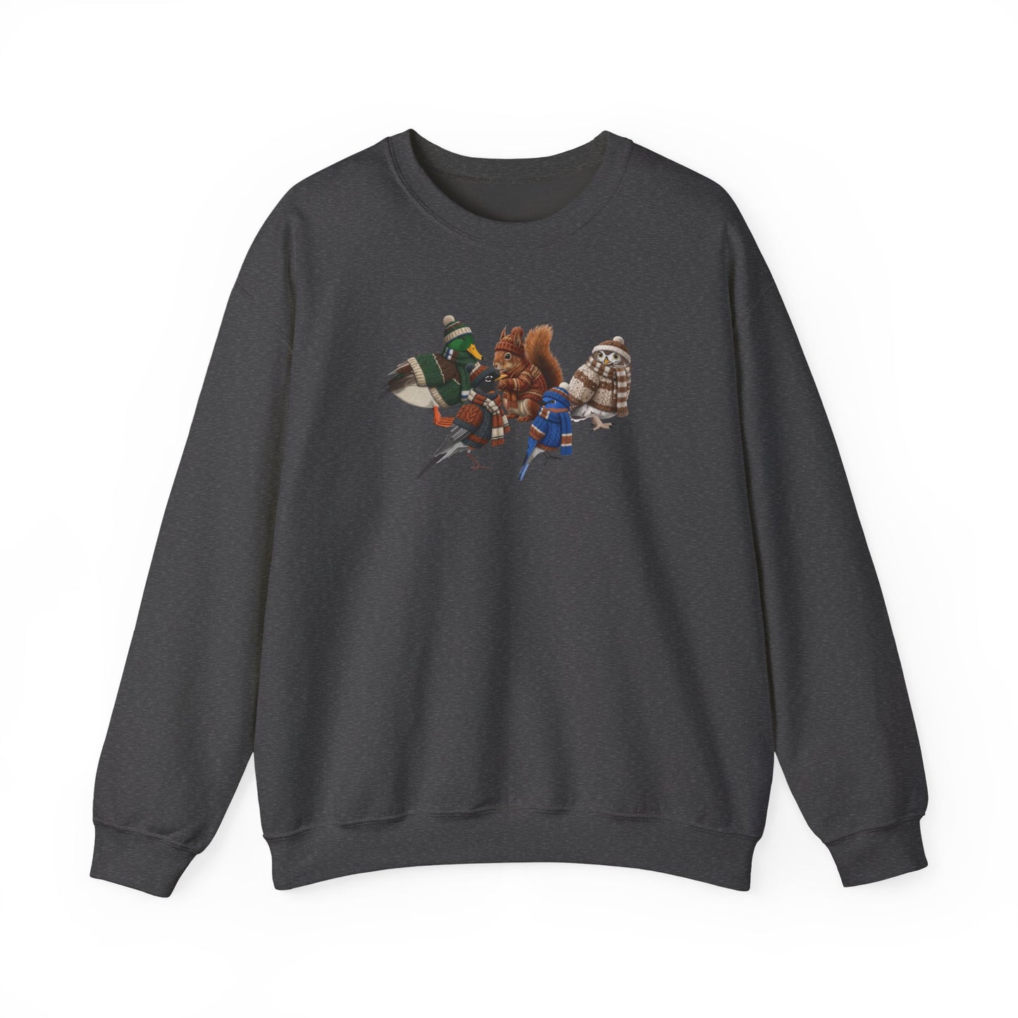 Cozy Winter Crewneck: Backyard Birds & Squirrel in Knitwear
