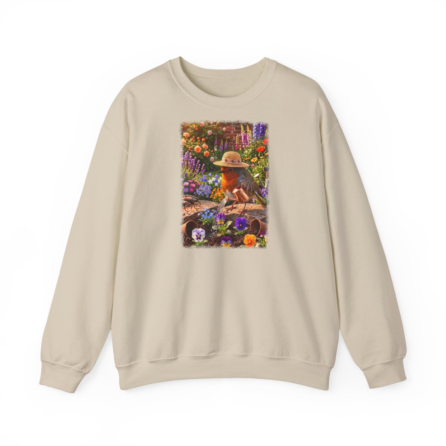 Niedliches Rotkehlchen Sweatshirt beim Blumen gießen | Gemütlicher Garten-Pullover