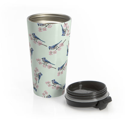 Blue Jay & Cherry Blossom Travel Tumbler Sage Green | 15oz Birdwatching Coffee Mug –