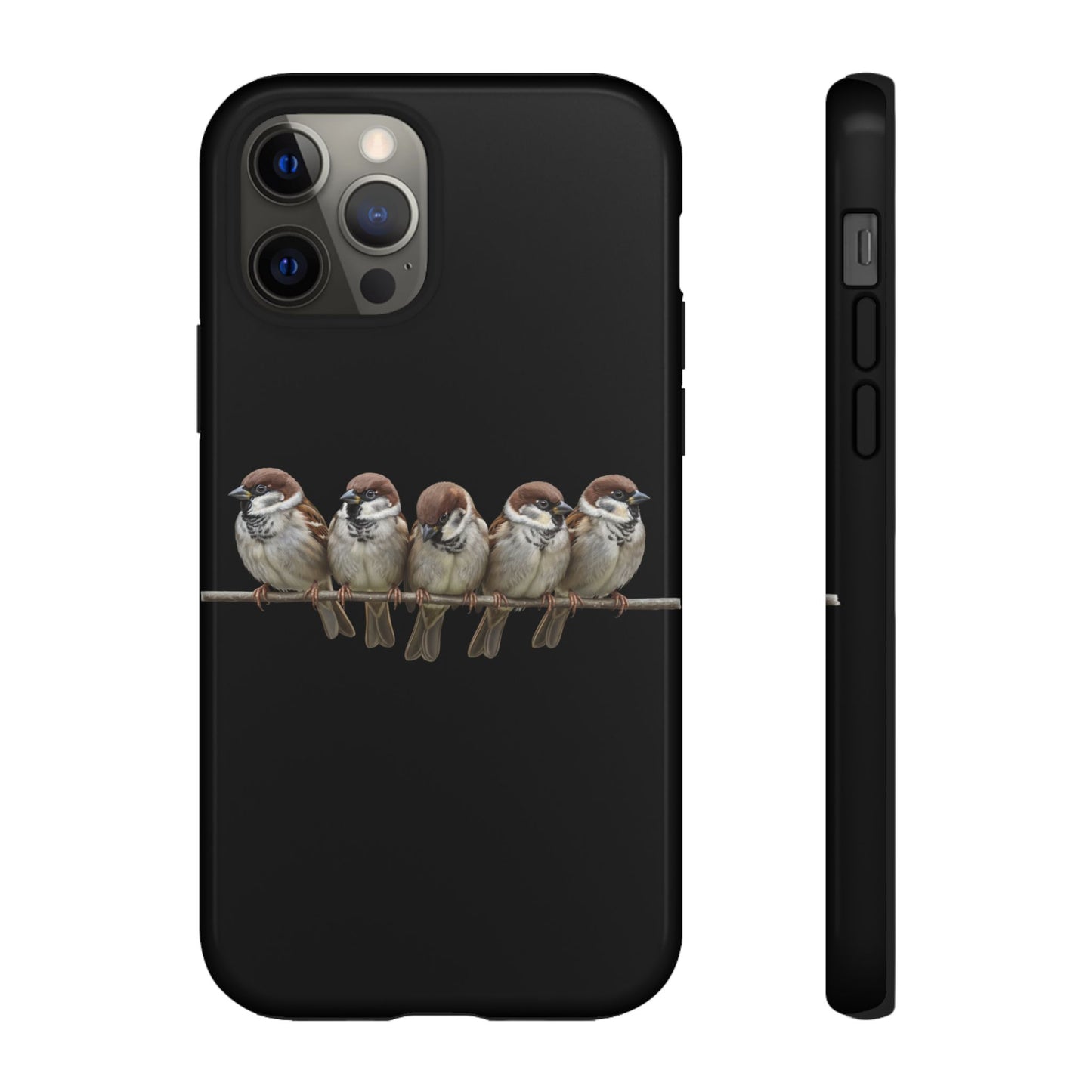 Feldsperlinge auf einem Ast Premium Handyhülle – Doppelt Geschützt & Rundum Bedruckt Schwarz