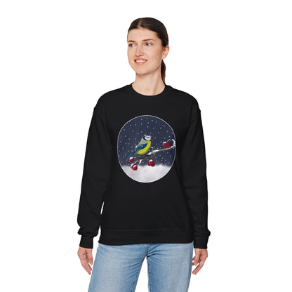 Blue Titmouse on a Winter Branch Birdwatcher Christmas Bird Sweatshirt