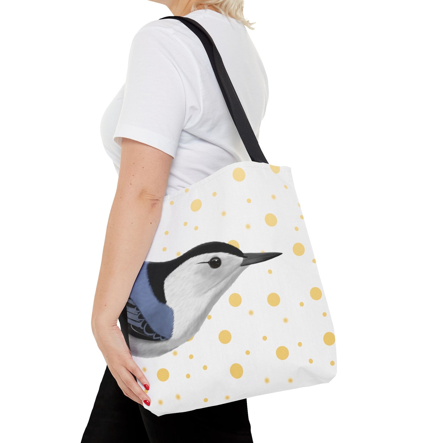 Nuthatch Golden Dots Bird Tote Bag 16"x16" White