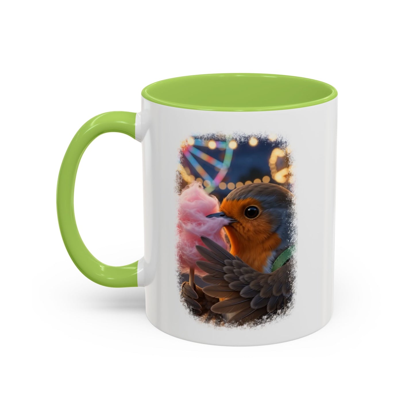 Rosi Rotkehlchen mit Zuckerwatte Keramiktasse – Kaffeebecher mit farbigem Henkel