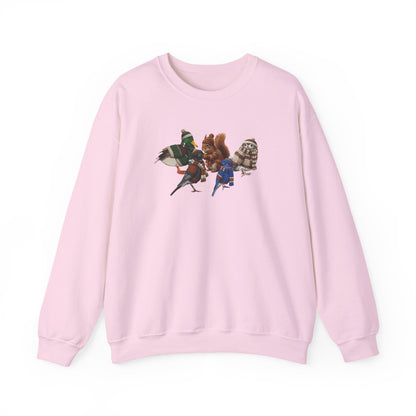 Cozy Winter Crewneck: Backyard Birds & Squirrel in Knitwear