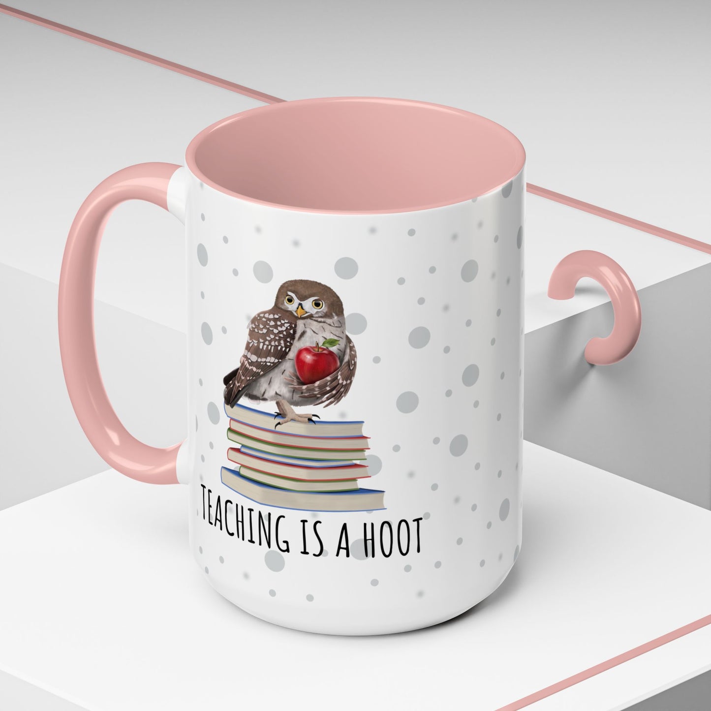 Cute Owl on Books Teacher Mug – Teaching is a Hoot – Two-Tone Classroom Coffee Cup