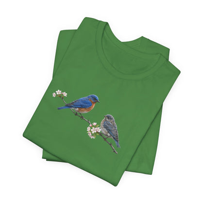 Eastern Bluebird & Fledgling T-Shirt | Spring Blossoms Unisex Graphic Tee