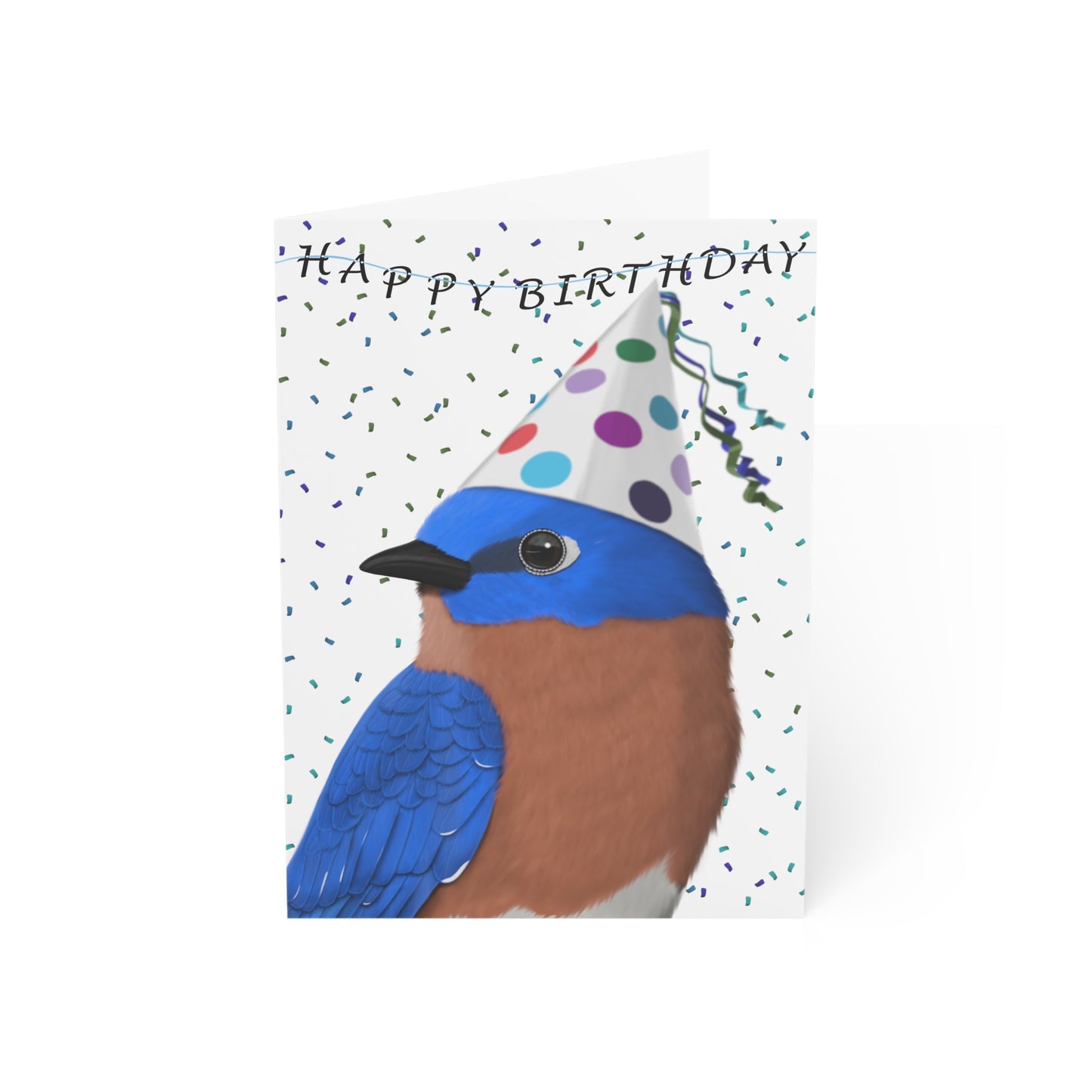 Eastern Bluebird with Party Hat Birthday Card – Premium Matte Bird Greeting Card