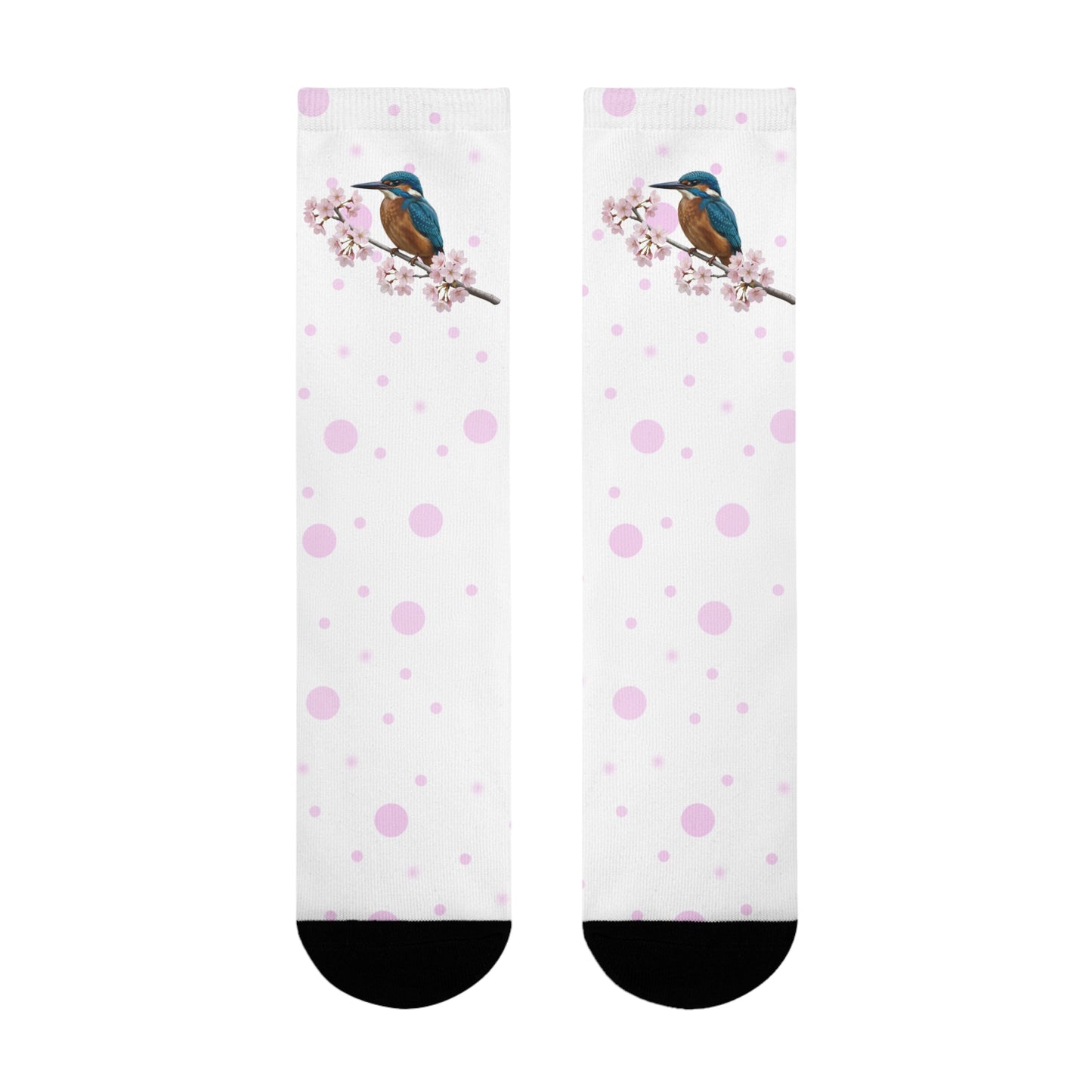 Eisvogel Socken mit Kirschblüten | Weiß Rosa gepunktete Vogelmotiv Strümpfe