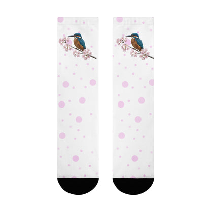 Eisvogel Socken mit Kirschblüten | Weiß Rosa gepunktete Vogelmotiv Strümpfe