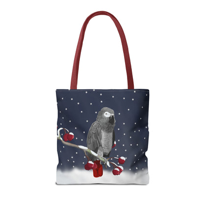 Grey Parrot on a Winter Branch Christmas Bird Tote Bag 16"x16"