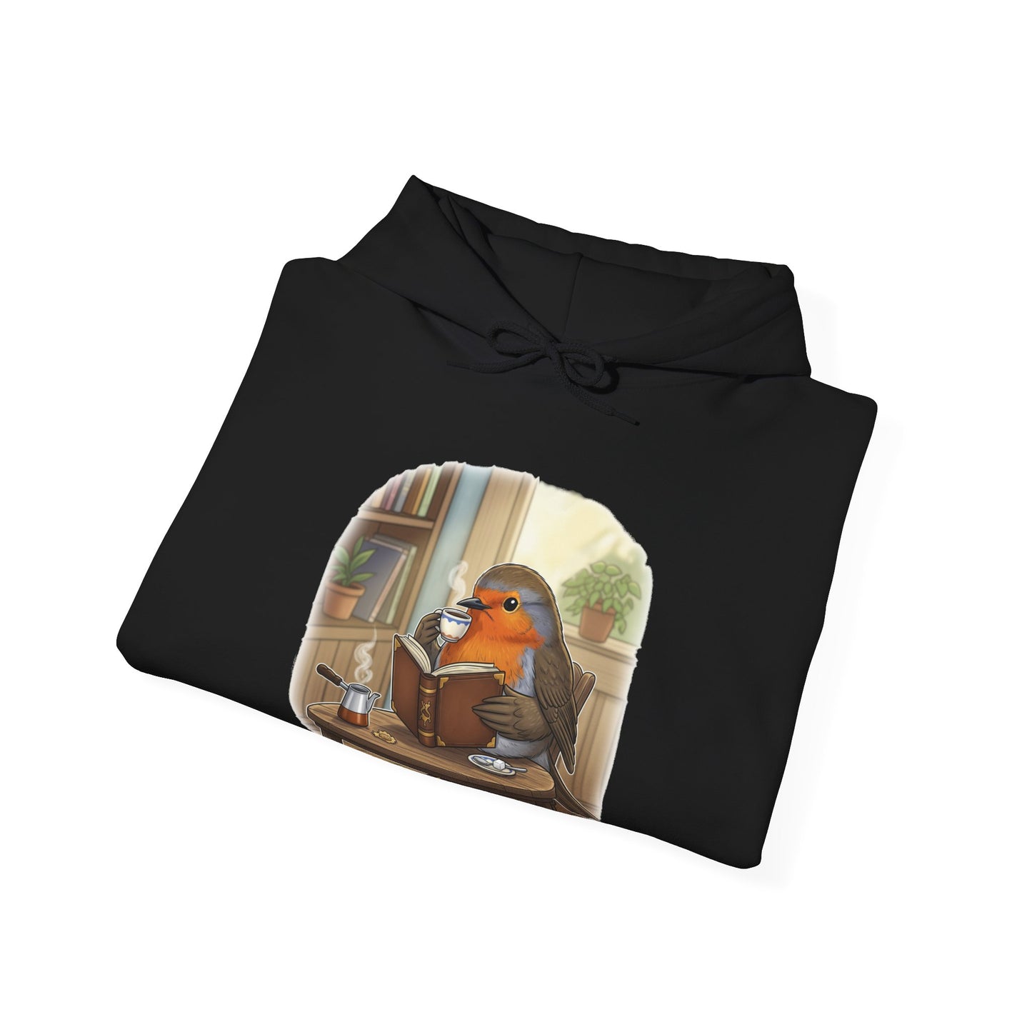 Rotkehlchen liest Bücher und trinkt Kaffee Vogel Hoodie - Kapuzenpullover für Vogelbeobachter mit Vogelmotiv