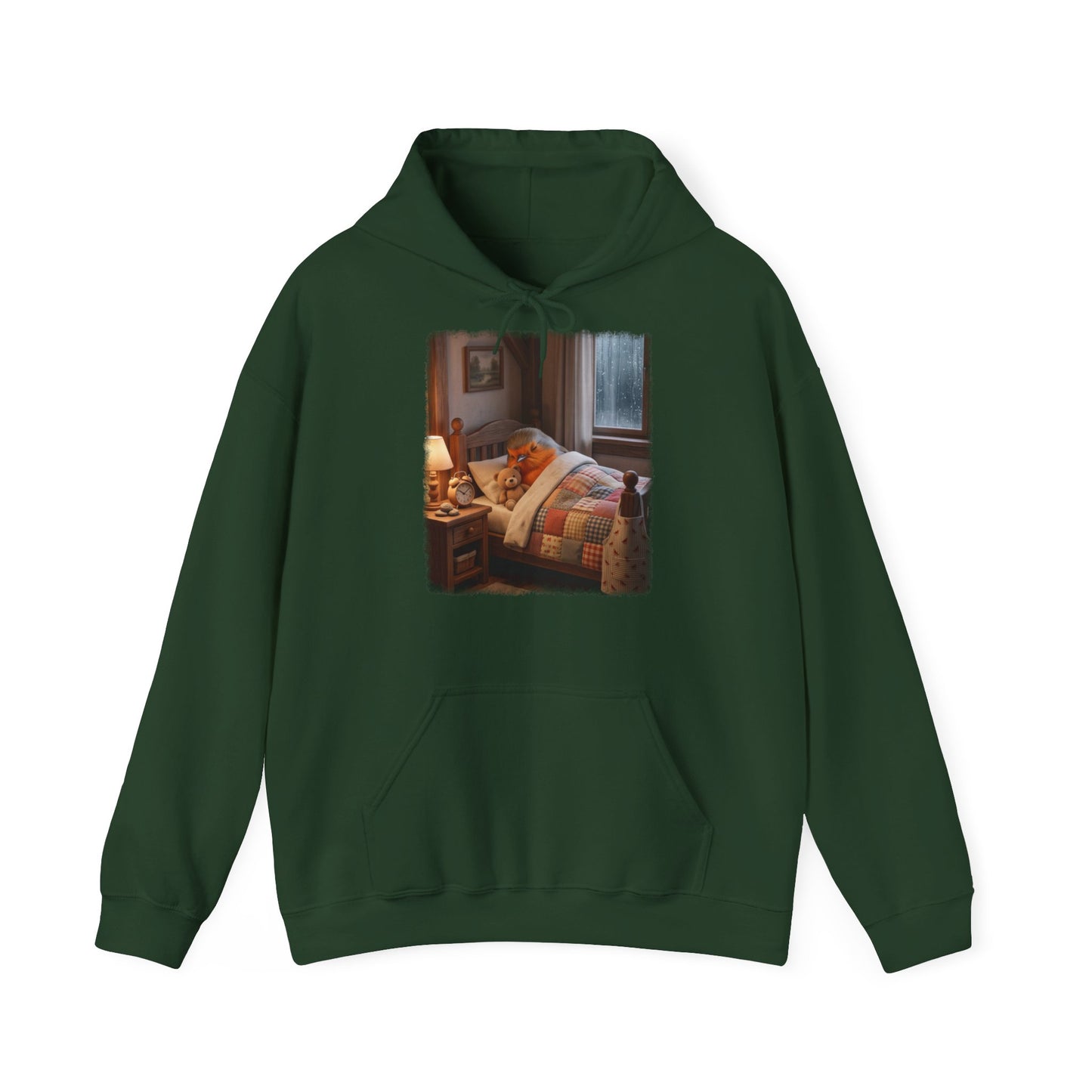 Süßes Rotkehlchen Hoodie im Bett mit Teddy | Kuscheliger Vogel Kapuzenpullover für Langschläfer