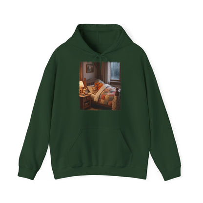 Süßes Rotkehlchen Hoodie im Bett mit Teddy | Kuscheliger Vogel Kapuzenpullover für Langschläfer