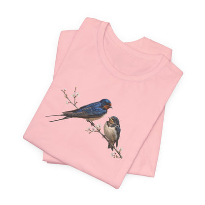 Barn Swallow & Fledgling T-Shirt | Spring Blossoms Unisex Graphic Tee