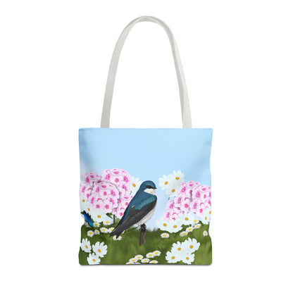Tree Swallow in Summer Flowers Bird Tote Bag 16"x16"