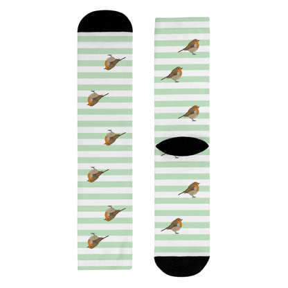 Rotkehlchen Socken – mit Streifen in Salbeigrün Weiß – Geschenk für Vogelliebhaber & Ornithologen
