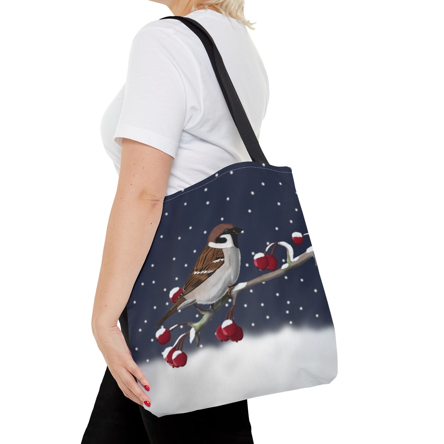 Tree Sparrow on a Winter Branch Christmas Bird Tote Bag 16"x16"