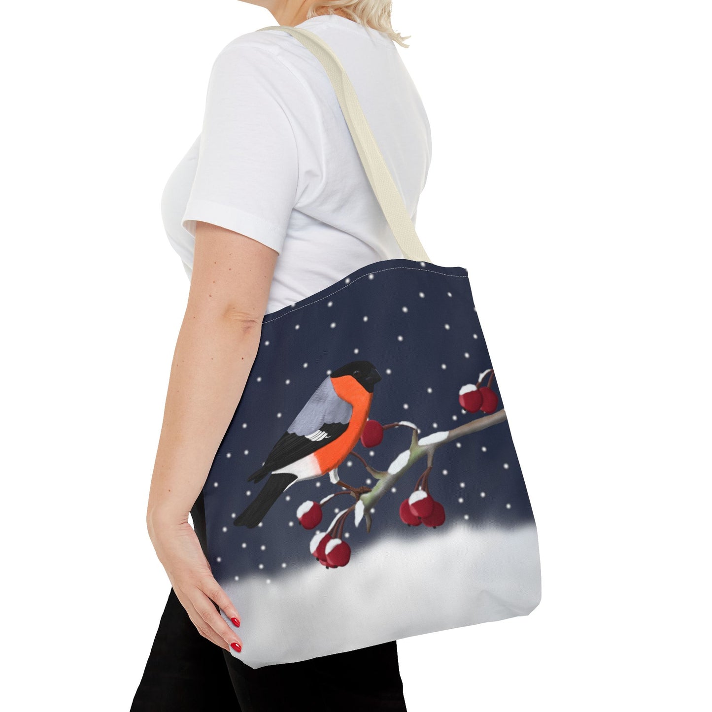 Bullfinch on a Winter Branch Christmas Bird Tote Bag 16"x16"