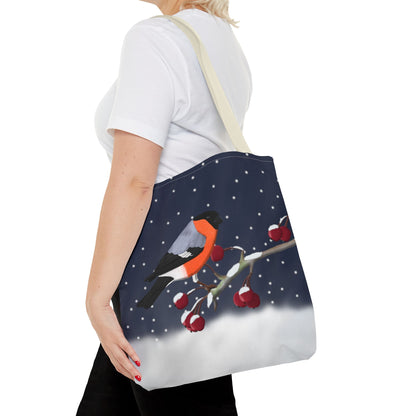 Bullfinch on a Winter Branch Christmas Bird Tote Bag 16"x16"