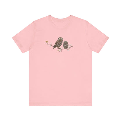 Little Owl & Fledgling T-Shirt | Spring Blossoms Unisex Graphic Tee