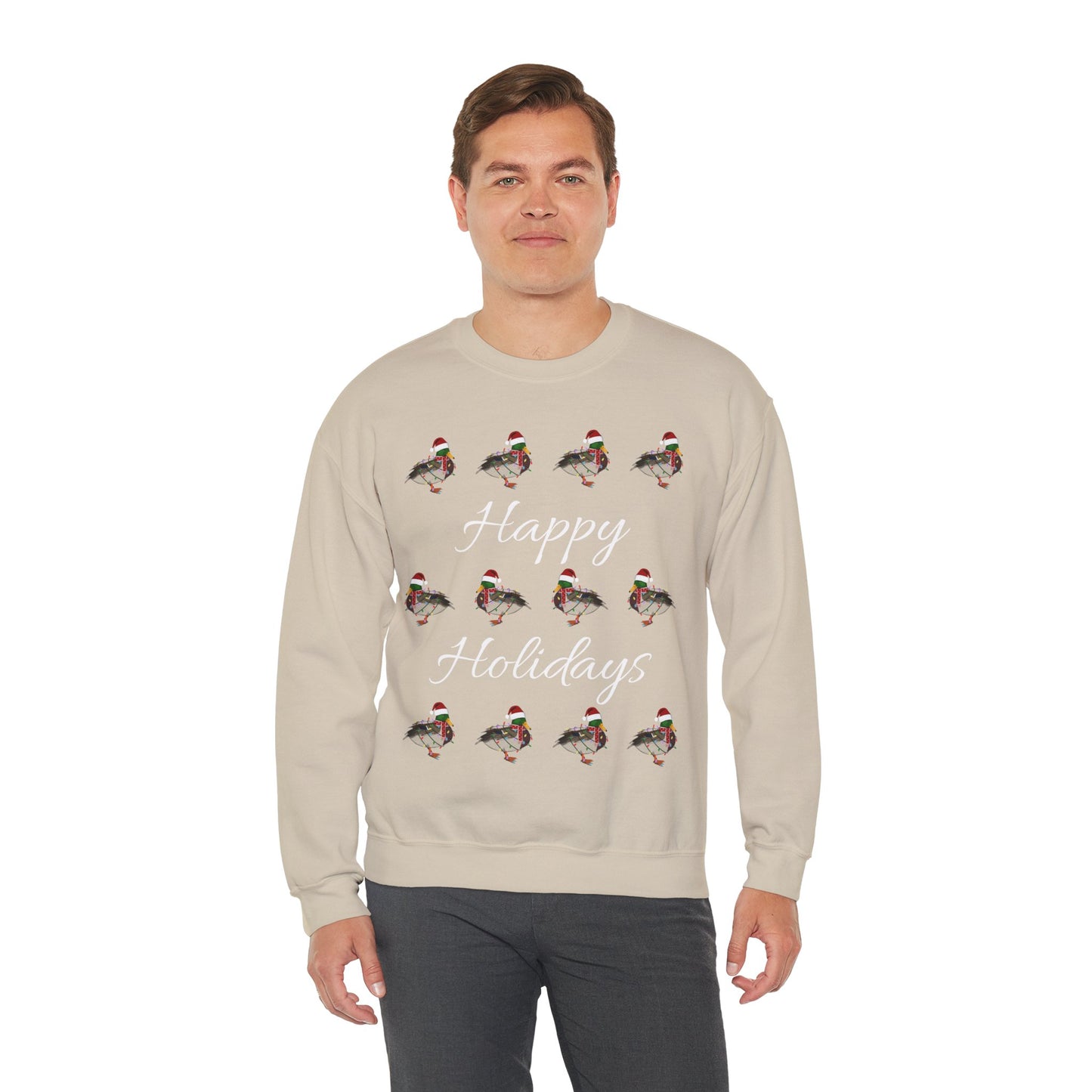 Mallard as Santa with Hat Scarf and Fairy Lights Happy Holidays Birdwatcher Christmas Bird Sweatshirt