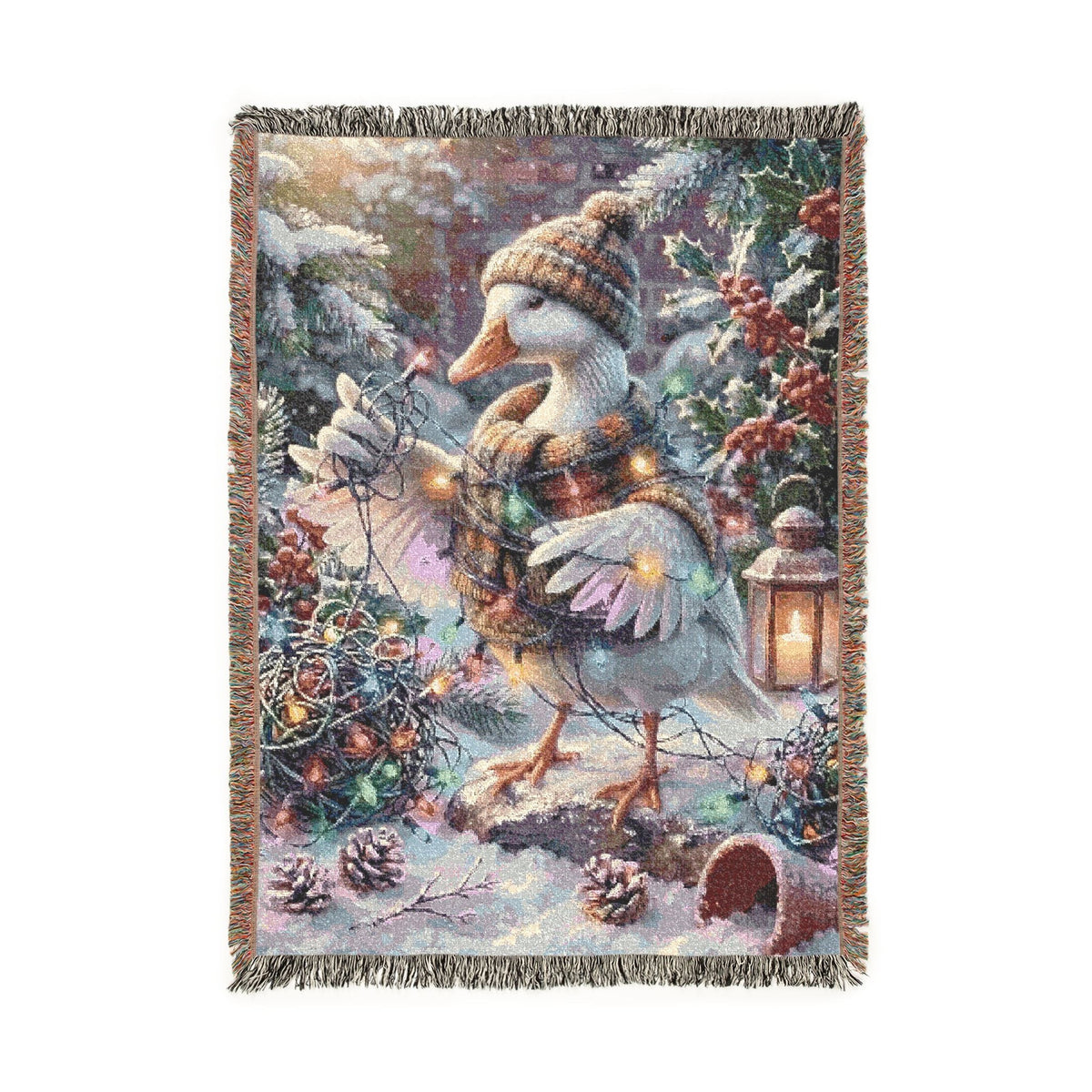 A rectangular woven throw blanket with fringed edges, featuring a whimsical winter scene with a goose, snow, pinecones, evergreen branches, and warm string lights on a white background.