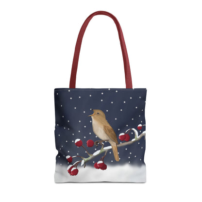 Nightingale on a Winter Branch Christmas Bird Tote Bag 16"x16"