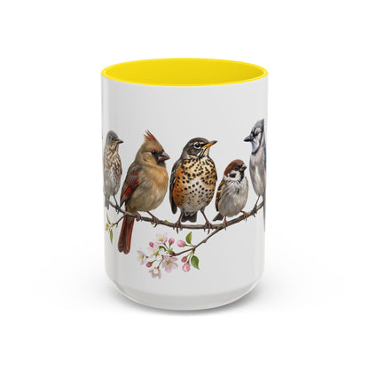Blue Jay Cardinal Bluebird Little Owl Fledglings Two-Tone Mug | Spring Bird Lover Gift