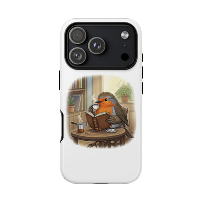 Rotkehlchen liest und trinkt Kaffee Premium Handyhülle – Doppelt Geschützt & Rundum Bedruckt Weiß