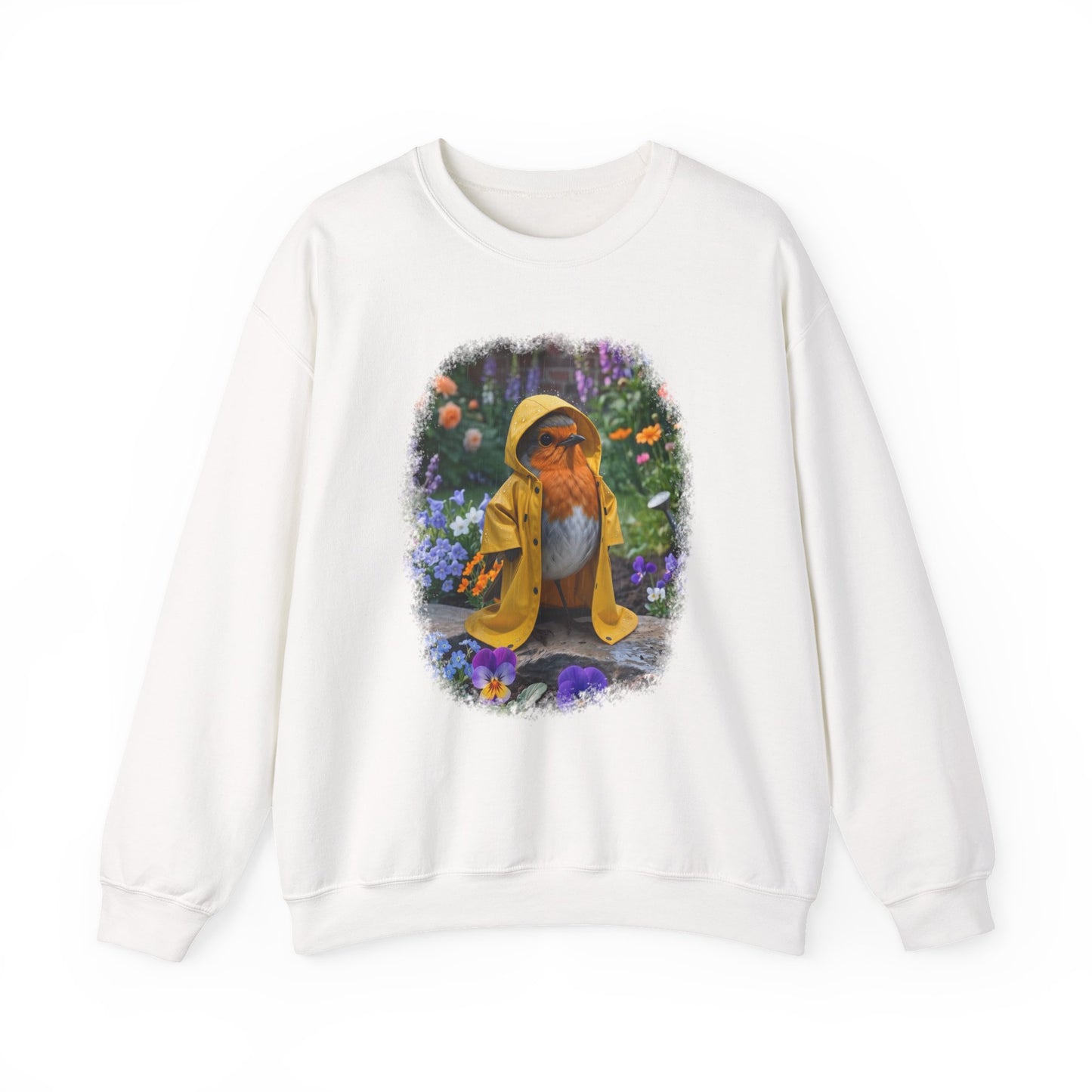 Robin Rosi Yellow Raincoat Garden Premium Sweatshirt for Bird Lovers