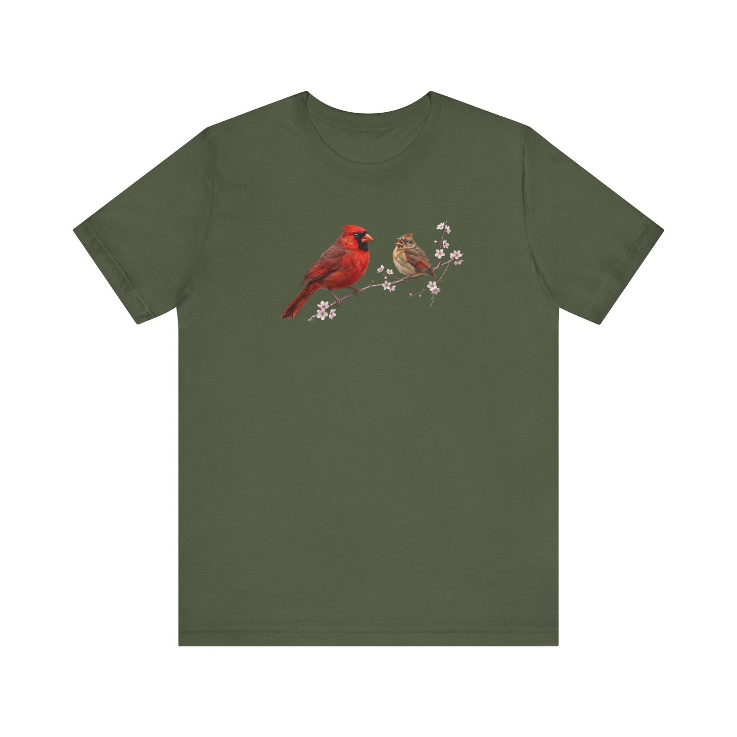 Northern Cardinal & Fledgling T-Shirt | Spring Blossoms Unisex Graphic Tee