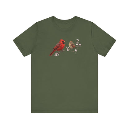 Northern Cardinal & Fledgling T-Shirt | Spring Blossoms Unisex Graphic Tee