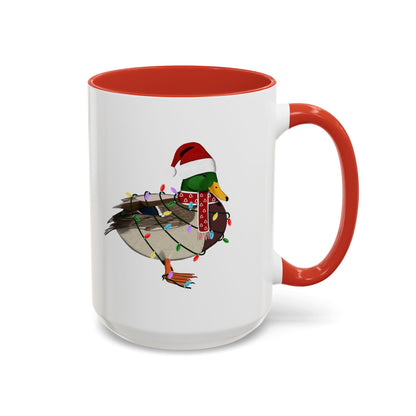 サンタクロースのマガモとフェアリーライトの陶器製バードコーヒーマグ – バードウォッチャーへのカスタムギフト