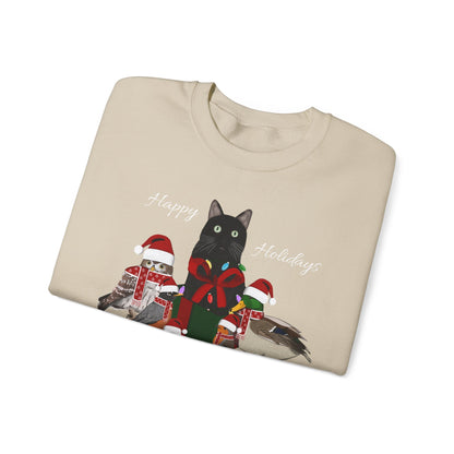 Robin Mallard Oriole Owl with Cat in a Box and Fairy Lights Happy Holidays Christmas Bird Sweatshirt