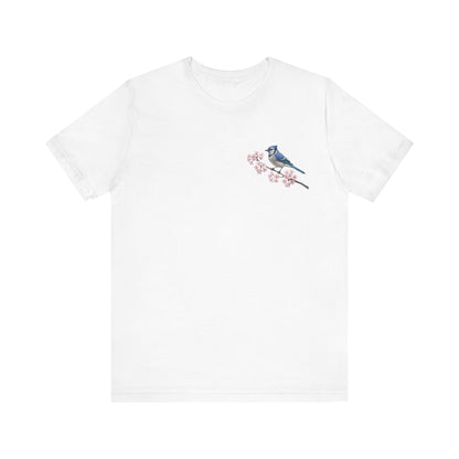 Blue Jay Cherry Blossom T-Shirt | Floral Spring Tee for Bird Lovers