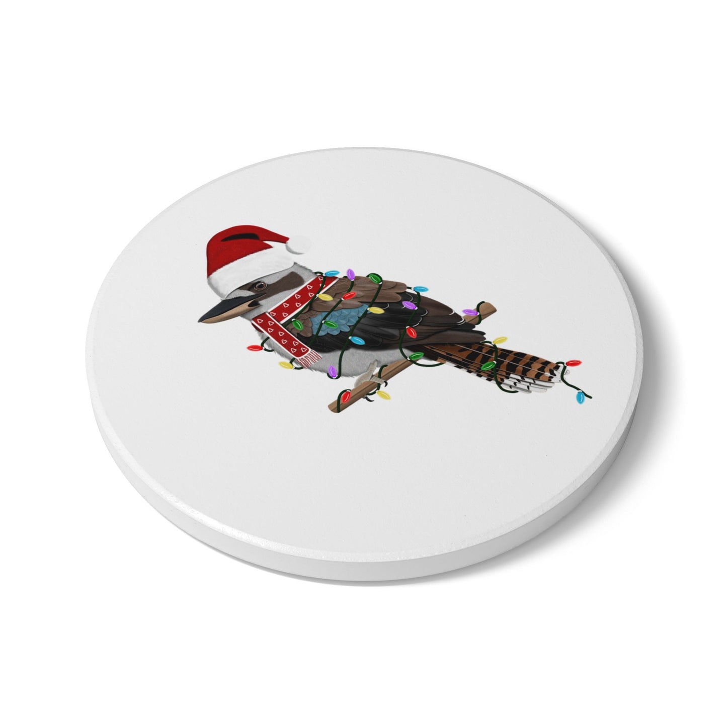Keramik-Untersetzer Kookaburra als Weihnachtsmann mit Lichterkette Weihnachtliches Vogel-Motiv