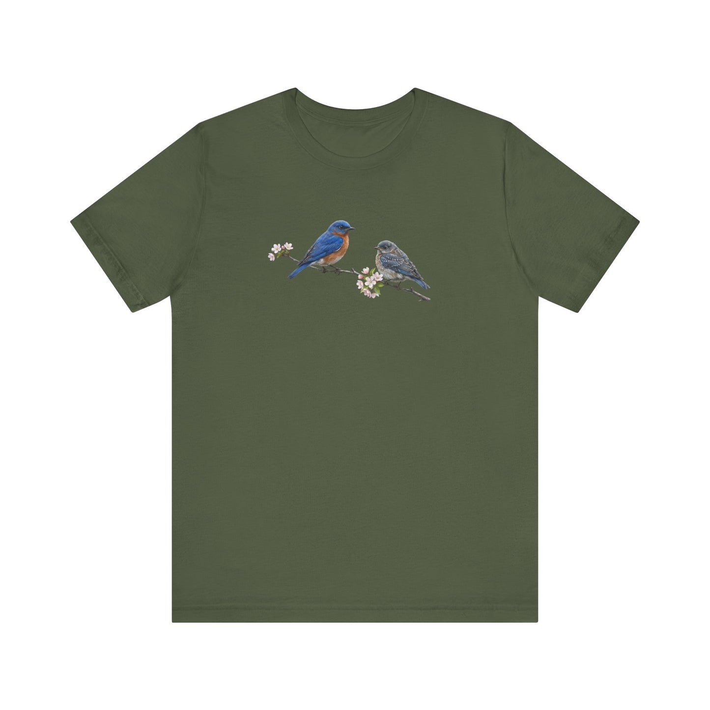 Eastern Bluebird & Fledgling T-Shirt | Spring Blossoms Unisex Graphic Tee