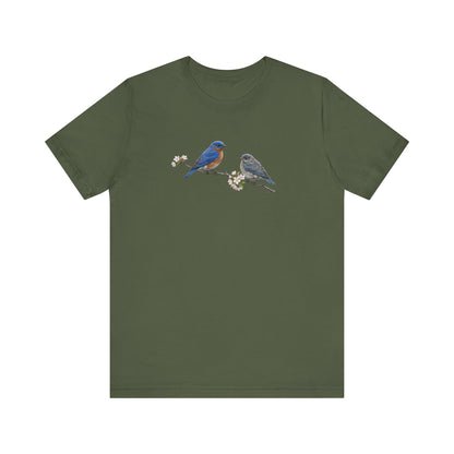 Eastern Bluebird & Fledgling T-Shirt | Spring Blossoms Unisex Graphic Tee