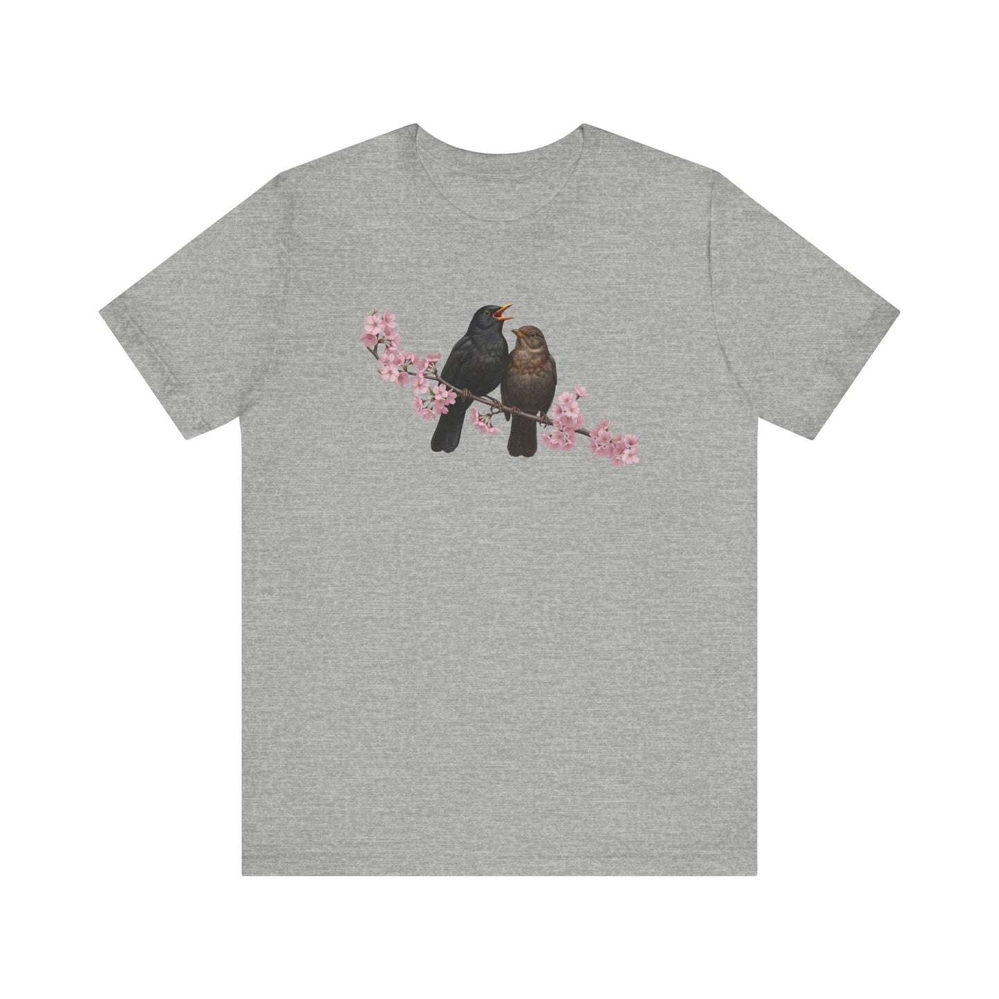 Gray t-shirt with birds and cherry blossoms design on a white background