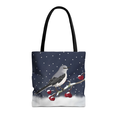 Mockingbird on a Winter Branch Christmas Bird Tote Bag 16"x16"