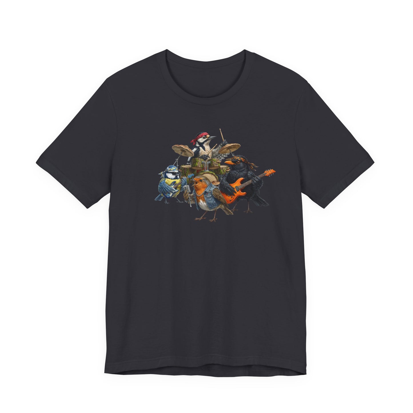 Die Gartenvögel Rockband T-Shirt – Lustiges Vogel Shirt mit Rückendruck – Amsel, Rotkehlchen, Meise, Specht – Geschenk für Musiker & Vogelfreunde