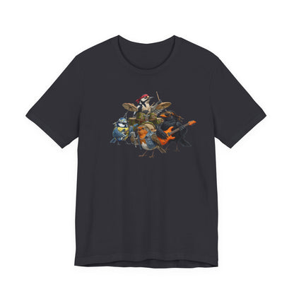 Die Gartenvögel Rockband T-Shirt – Lustiges Vogel Shirt mit Rückendruck – Amsel, Rotkehlchen, Meise, Specht – Geschenk für Musiker & Vogelfreunde