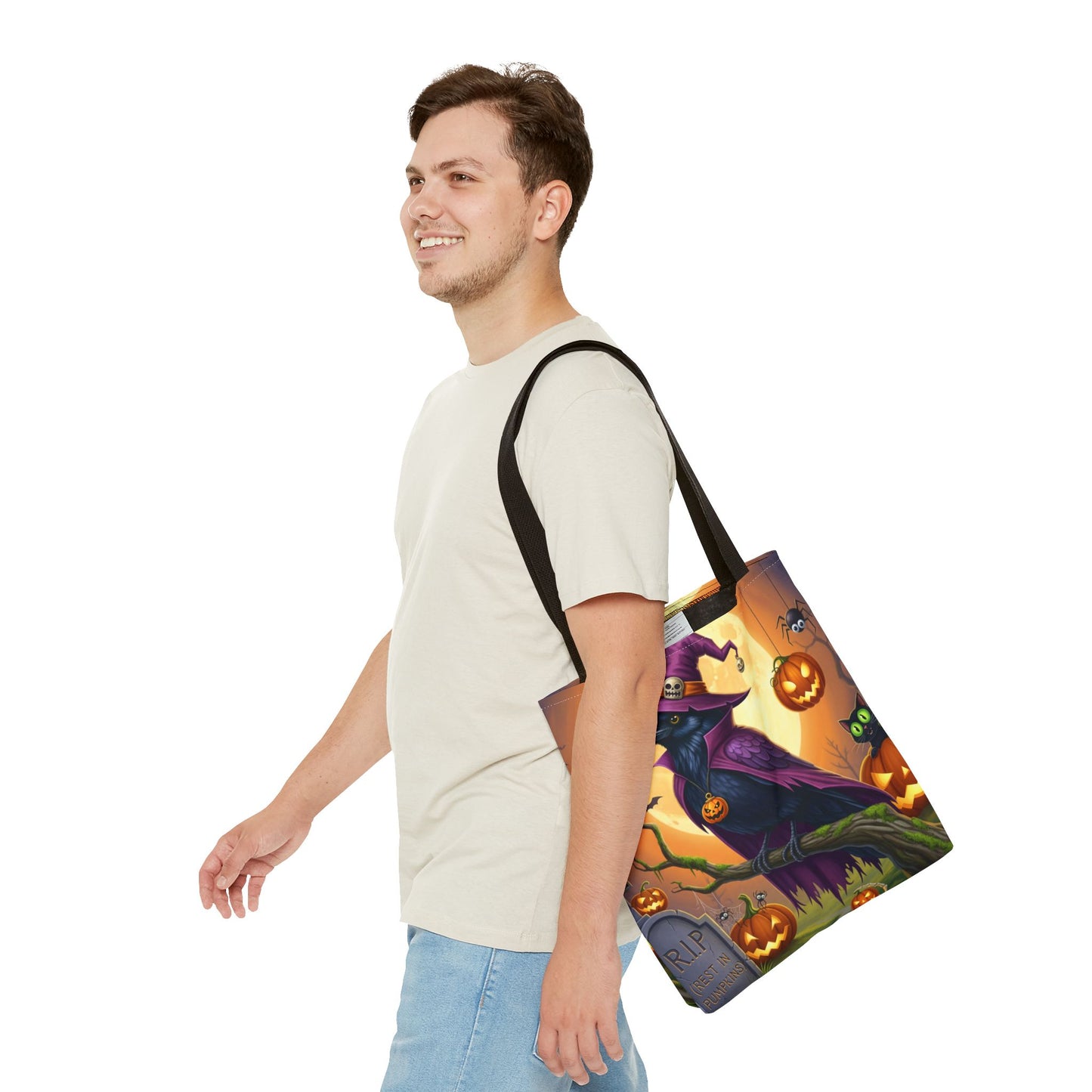 Halloween Raven Tote Bag: Purple Cape & Witch Hat | 16"x16" Polyester | Bird Decor Accessory